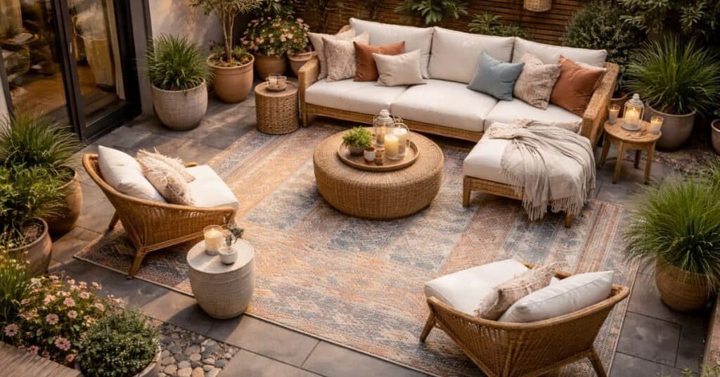 Boho patio retreat at dusk