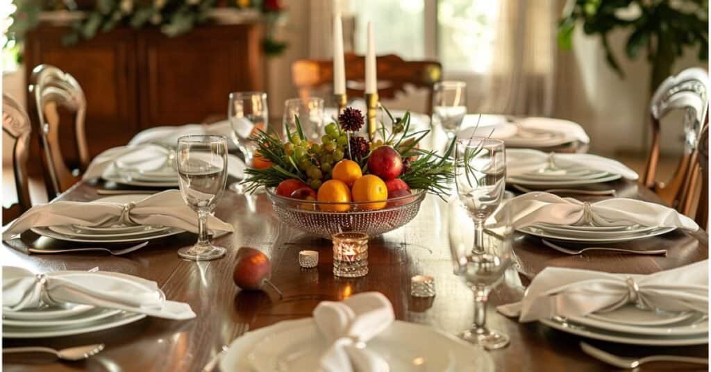 Budget friendly modern party table with white plates, cloth napkins, candles, and a low fruit centerpiece.