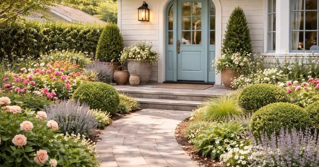 Charming cottage entrance with colorful garden