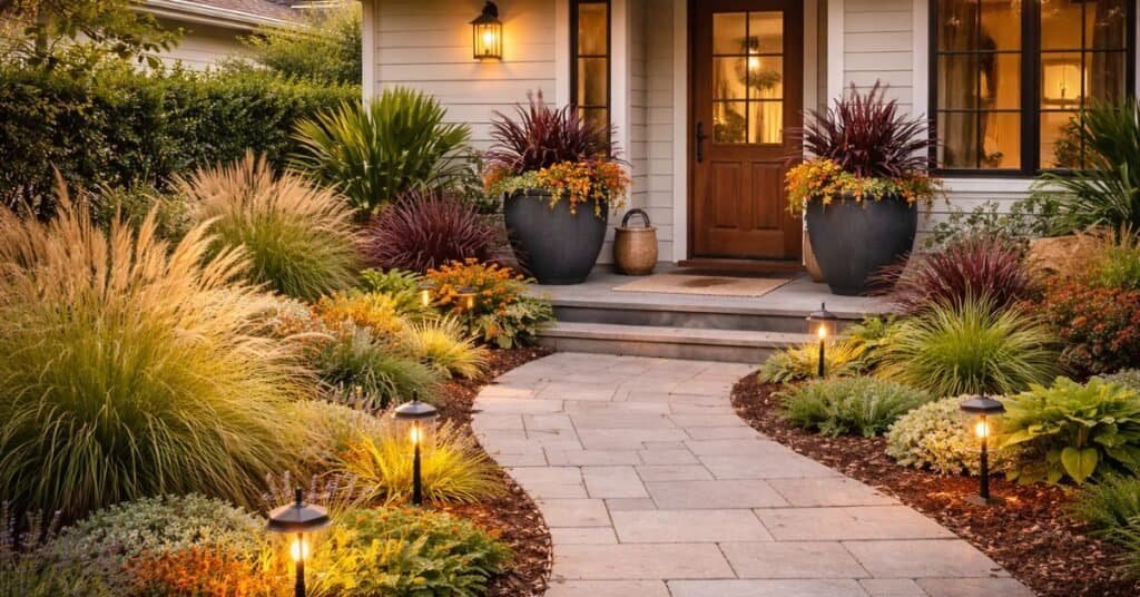 Charming fall entrance with vibrant plants