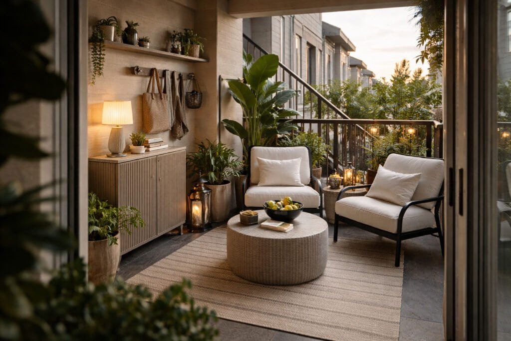 Chic urban balcony at dusk