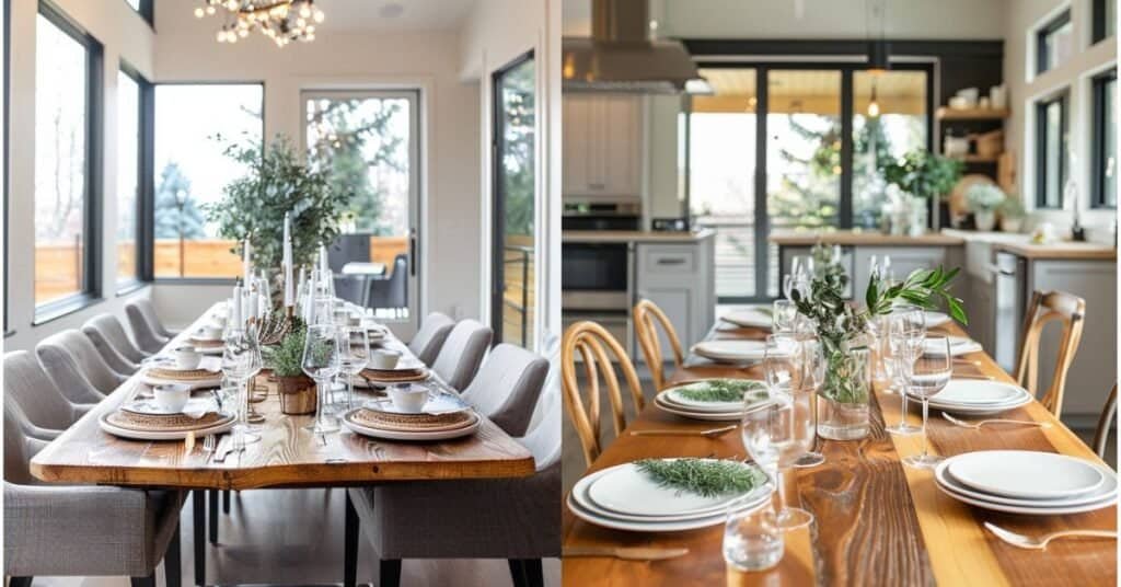 Comparison of an overcrowded dining table and a cleaner modern table with a low centerpiece and simple place settings.