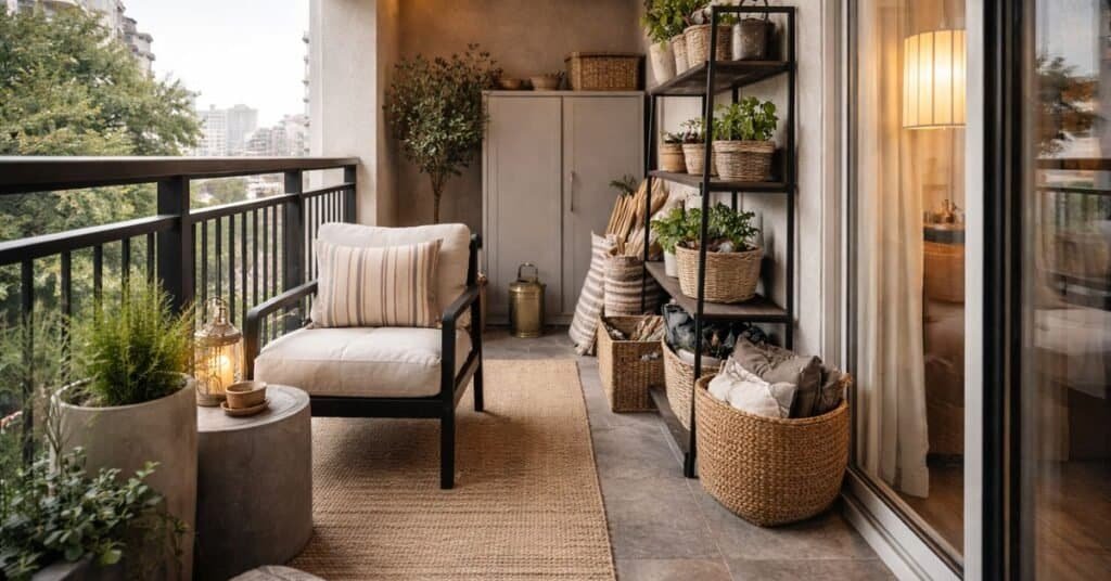 Cozy apartment balcony at dusk