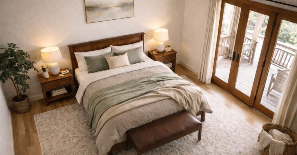 Cozy craftsman bedroom with outdoor view