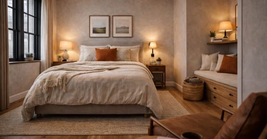 Cozy farmhouse bedroom with neutral tones
