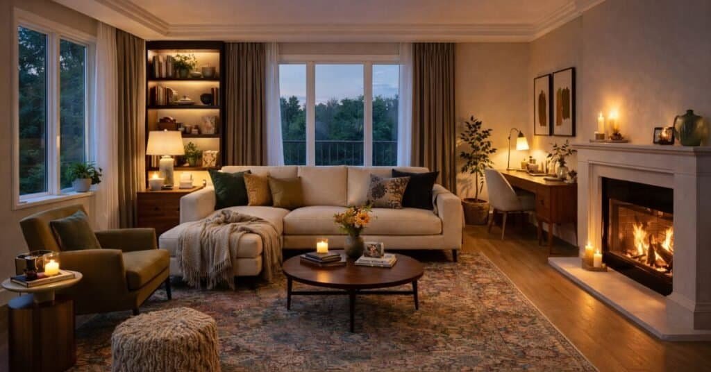 Cozy living room at dusk