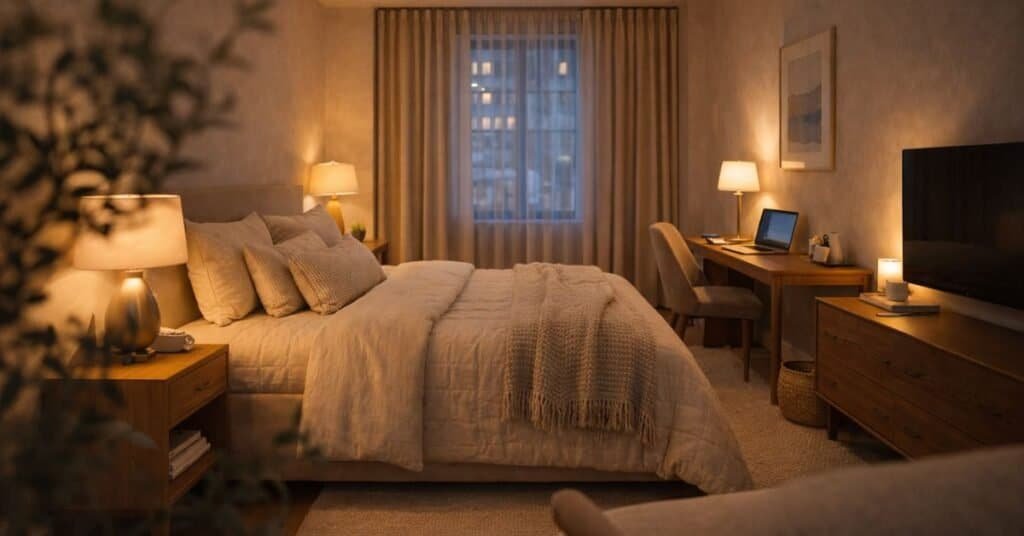 Cozy mid century modern bedroom at night