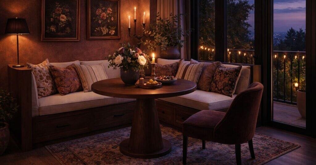 Elegant nook with twilight balcony view