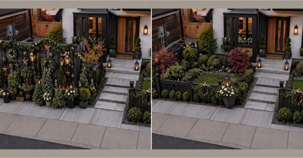 Front yard fence comparison showing an overly tall cluttered fence beside a lower open fence with simple seasonal decor and clearer curb appeal