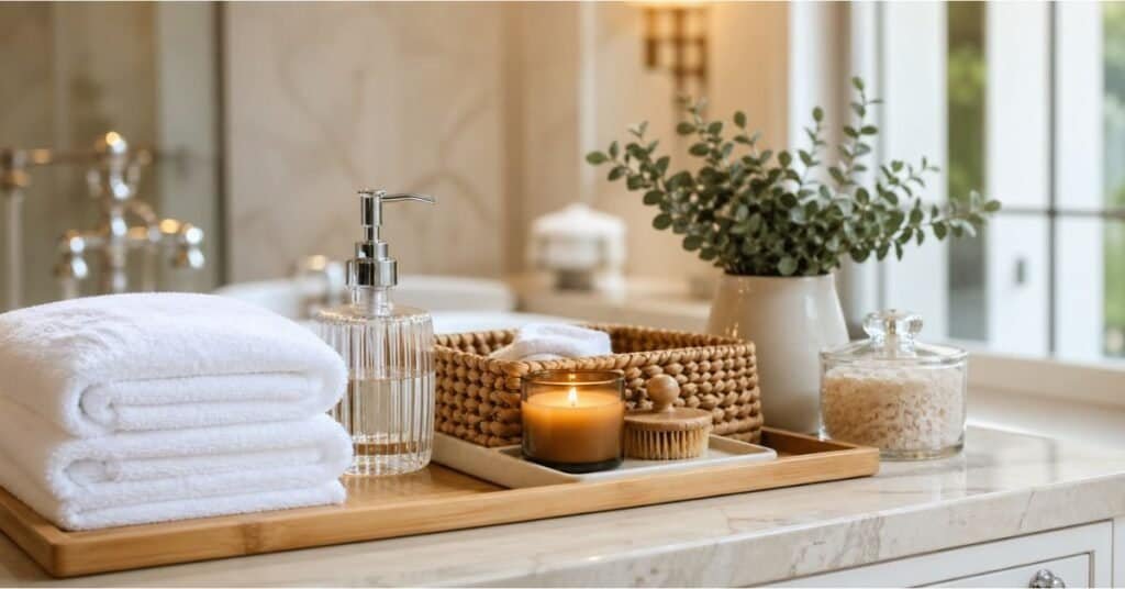 Hotel inspired bathroom accessories with white towels, bamboo tray, soap dispenser, basket, candle, and greenery.