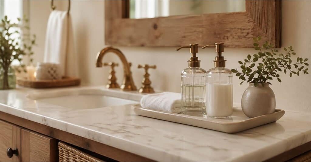 Hotel inspired bathroom vanity with glass soap dispensers, ceramic tray, white hand towel, and greenery.