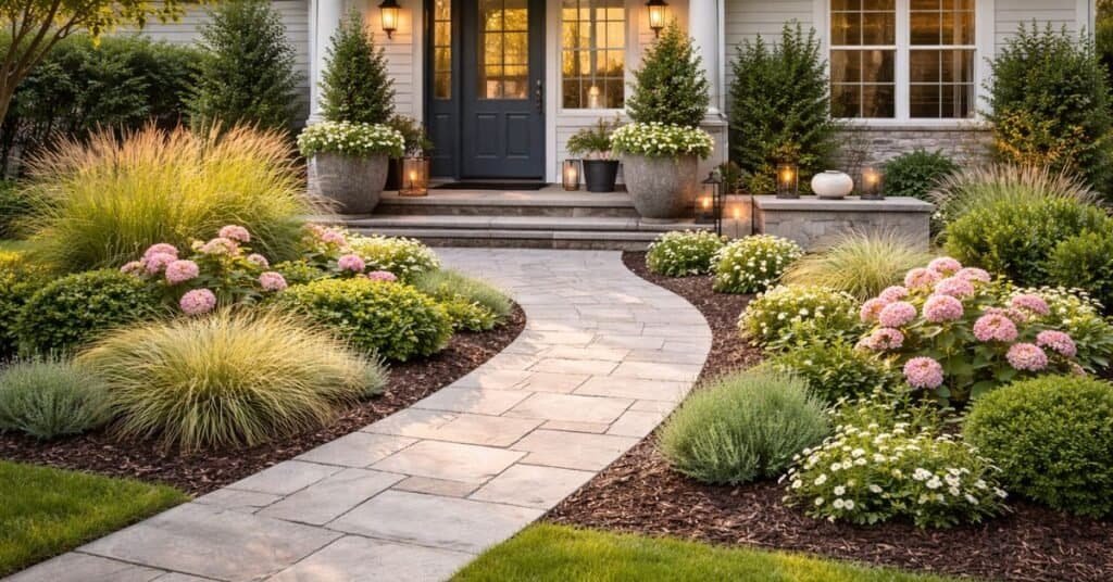 Inviting front yard at dusk