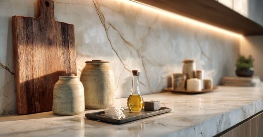 Kitchen counter styled with a cutting board, canisters, tray, and open prep space.