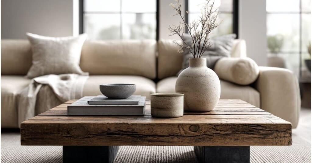 Minimalist coffee table with a ceramic vase, stacked books, tray, bowl, and soft neutral living room background.