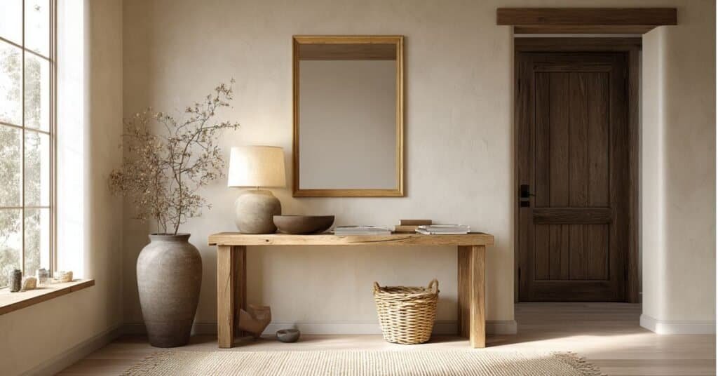 Minimalist entryway console table with a lamp, bowl, branch vase, woven basket, and clear open surface.