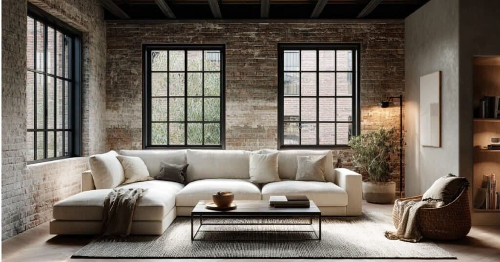 Minimalist home look in a warm modern living room with clear surfaces, neutral colors, and simple natural textures