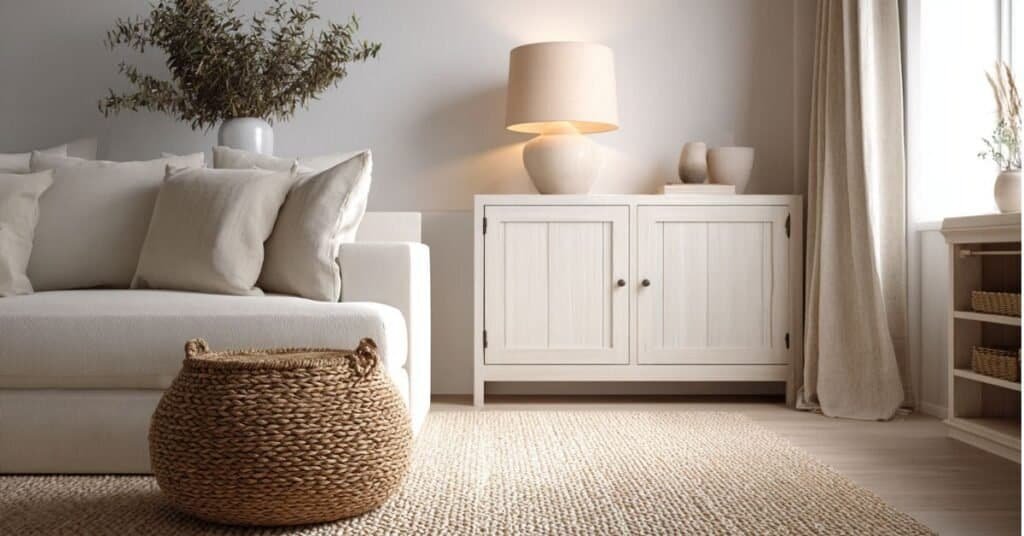 Minimalist living room with closed storage, lidded woven basket, cream sofa, soft rug, and warm natural light.
