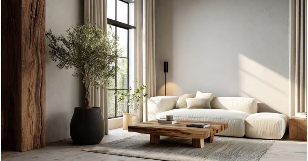 Minimalist living room with open wall space, simple sofa, warm wood coffee table, and natural light.