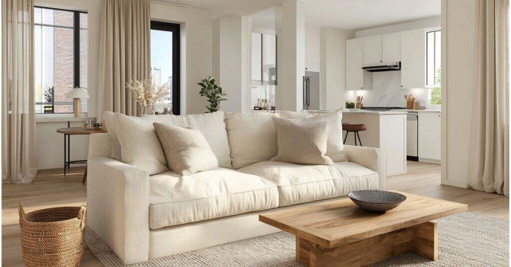 Minimalist open living area with simple sofa, clear coffee table, woven basket, tidy kitchen counter, and calm entryway.