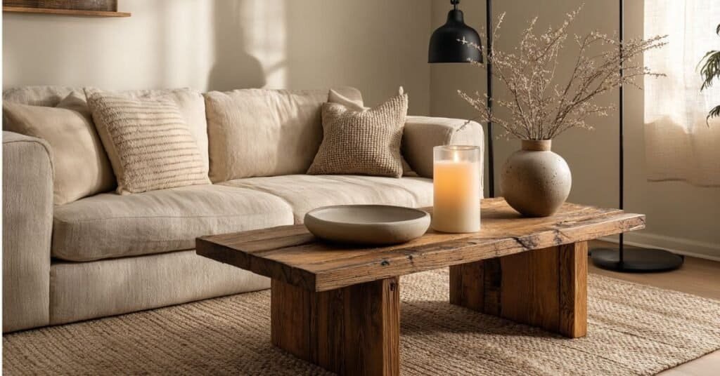 Modern coffee table styling with a ceramic bowl, candle, and natural branches on a reclaimed wood table.