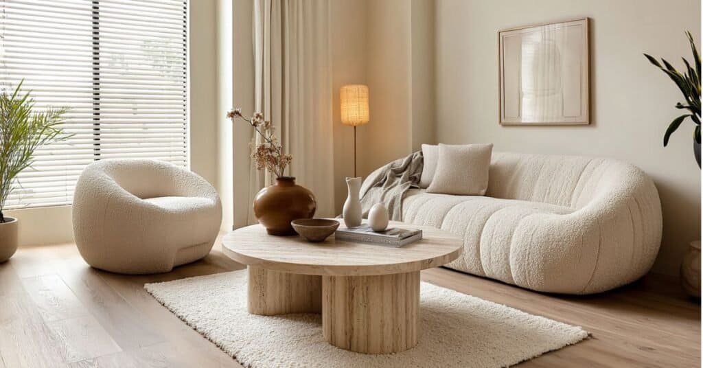 Modern coffee table styling with a sculptural vase, shallow bowl, and small object on a round table.