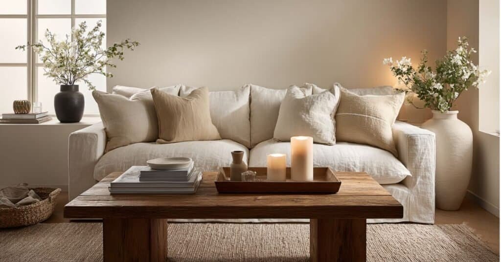 Modern coffee table styling with a tray, books, candle, vase, and greenery in a neutral living room.