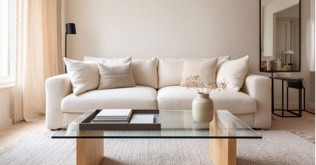 Modern coffee table styling with a tray, books, vase, and open space in a minimalist living room.