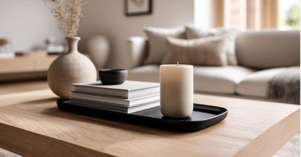 Modern coffee table styling with a tray, stacked books, and a candle on a warm wood table.
