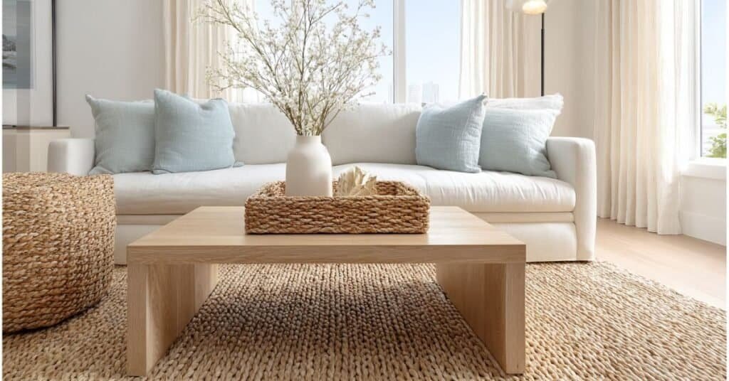 Modern coffee table styling with a woven tray, white vase, and personal decor piece in a coastal living room.