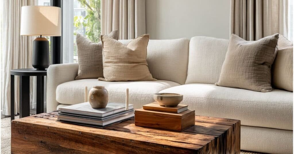 Modern coffee table styling with stacked books, a decorative box, and ceramic decor on a walnut table.