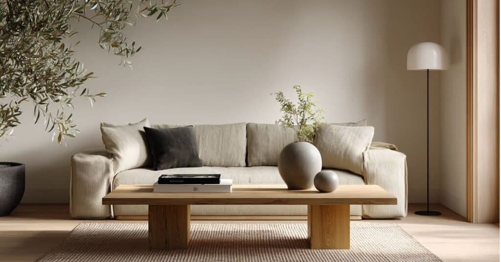 Modern coffee table styling with stacked books, greenery, and a stone sculpture in a Japandi living room.