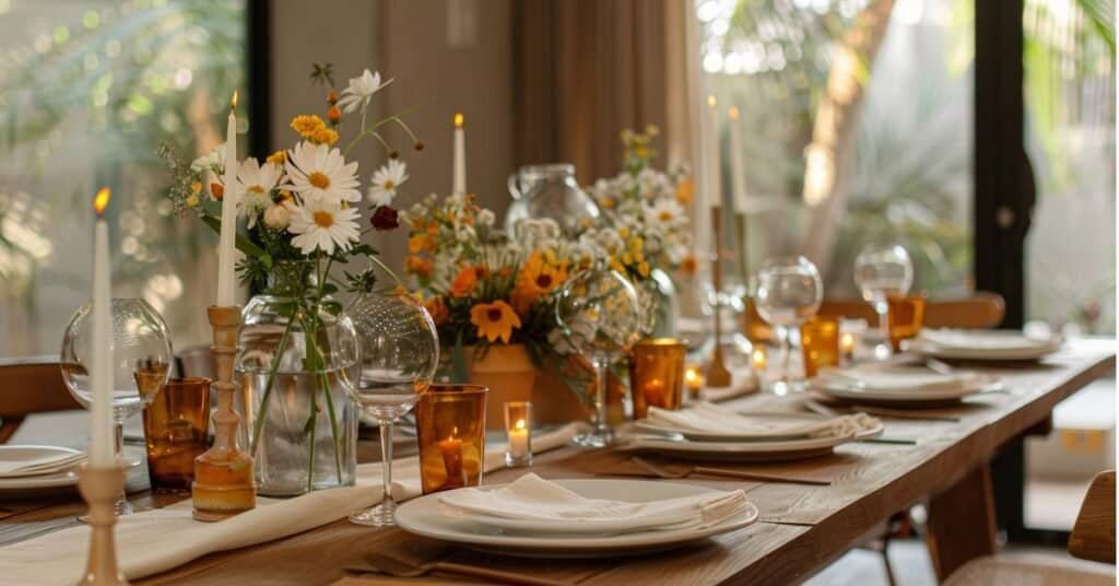 Modern dining table styled for a celebration with white plates, linen napkins, candles, and a low centerpiece.