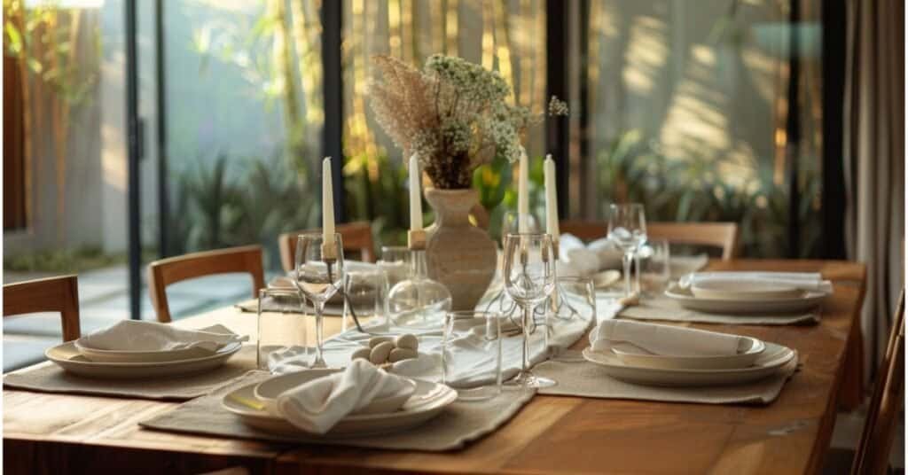 Modern dining table styled in layers with a linen runner, white plates, cloth napkins, clear glasses, and a low centerpiece.