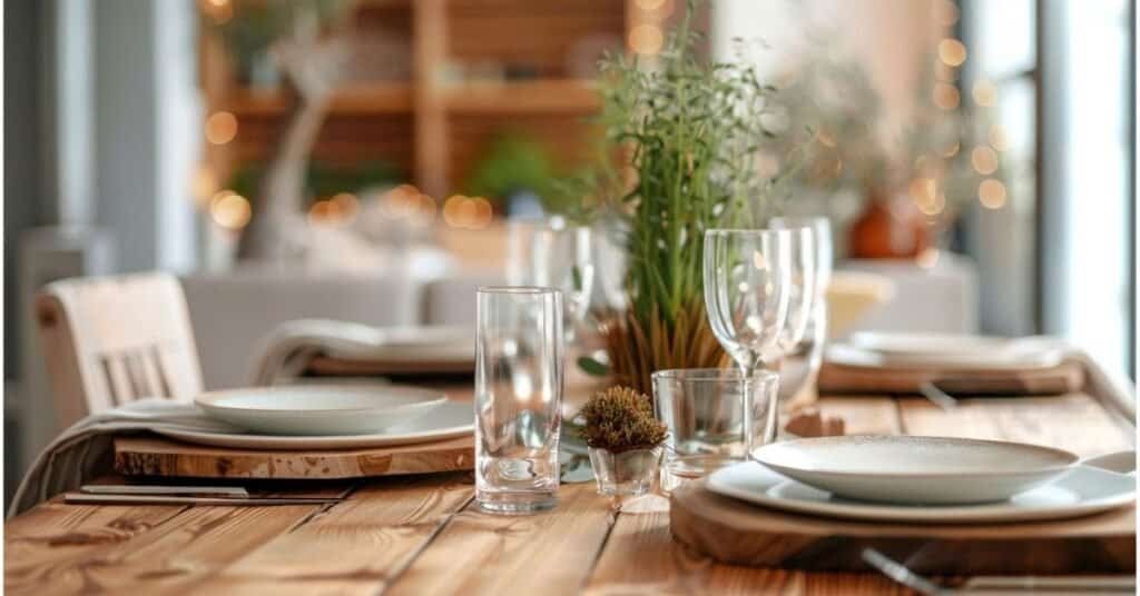 Modern dining table with neutral place settings styled in a repeatable way with simple seasonal accent changes.