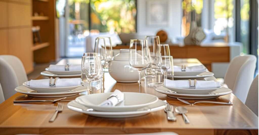 Modern dining table with white plates, linen napkins, clear glassware, and a low centerpiece with open space between settings.