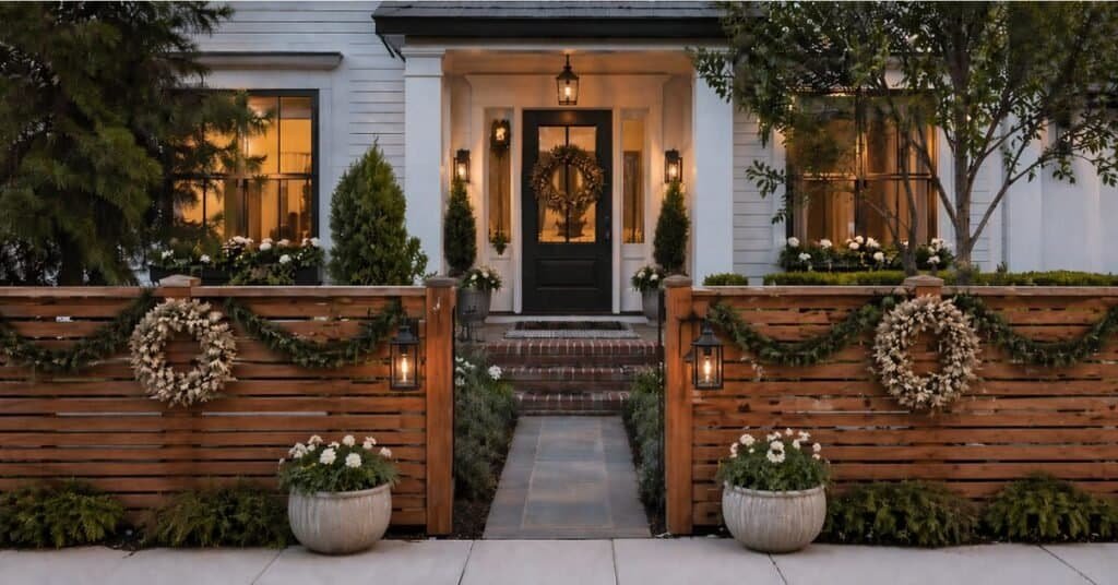 Modern wood slat front fence beside a classic white picket fence, each styled with simple seasonal decor near a front entry