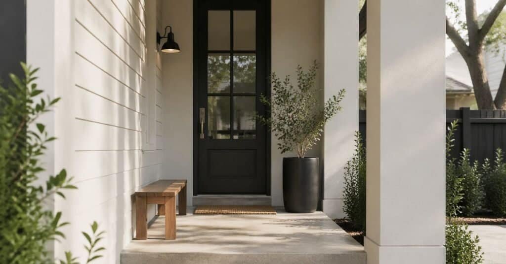 Narrow small porch with a slim bench, one tall planter, and a clear walking path in a clean Scandinavian style layout.