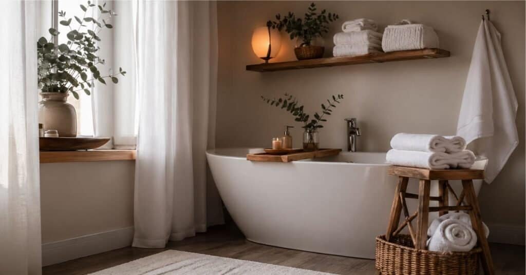 Rental bathroom with bamboo bath tray, removable shelf, white towels, faux eucalyptus, and warm light.