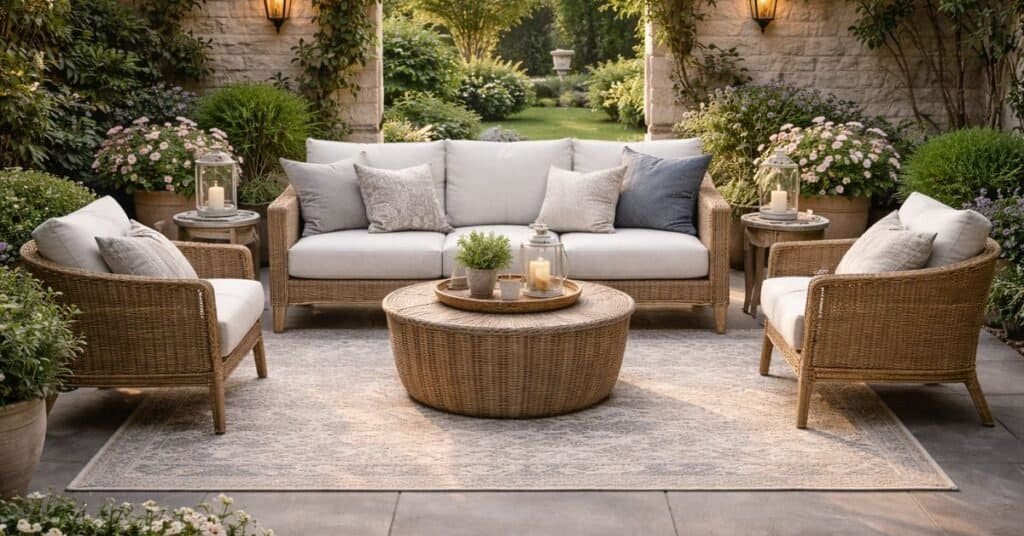 Serene garden patio in golden light