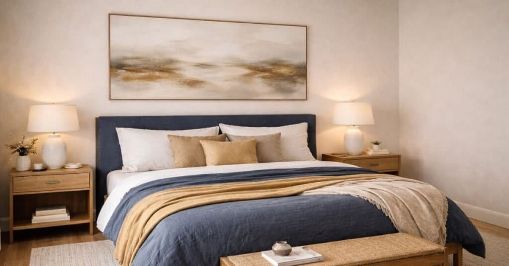 Serene modern bedroom with abstract art