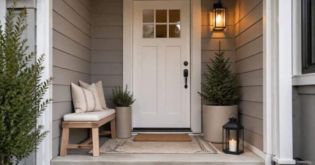 Small Scandinavian style porch with a layered doormat, compact bench, painted planters, and a clean budget friendly layout.