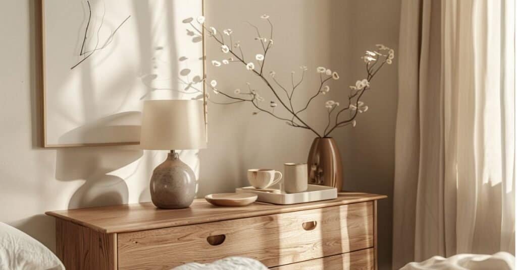 Small bedroom with a dresser styled using one tray, one lamp, and one plant for a cozy look without clutter