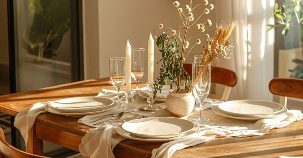 Small dining table styled for a modern celebration with simple place settings, clear glassware, and one low centerpiece.