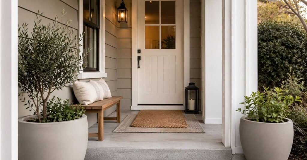 Small porch refreshed in one day with a layered doormat, painted planters, a slim bench, and simple warm neutral styling.