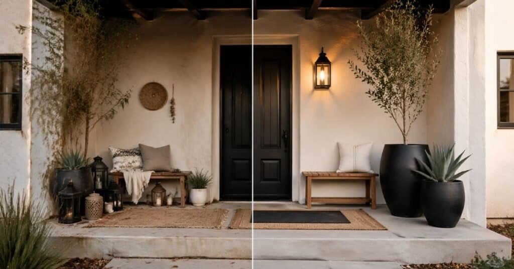 Small porch styled with fewer larger pieces, simple spacing, and weather friendly materials for a cleaner and more polished look