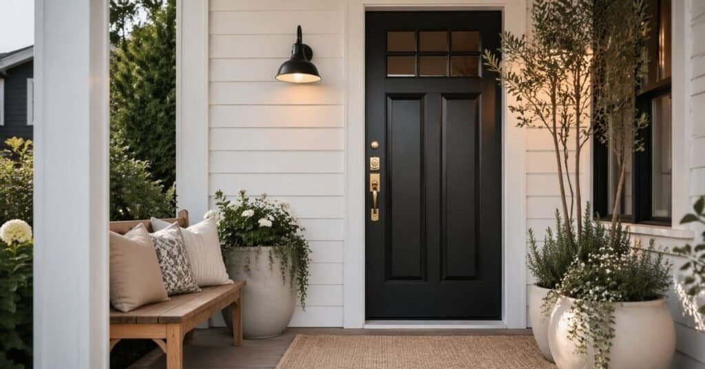 Small porch with a dark front door, light planters, natural wood bench, and a neutral palette that gives the entry a more polished look.