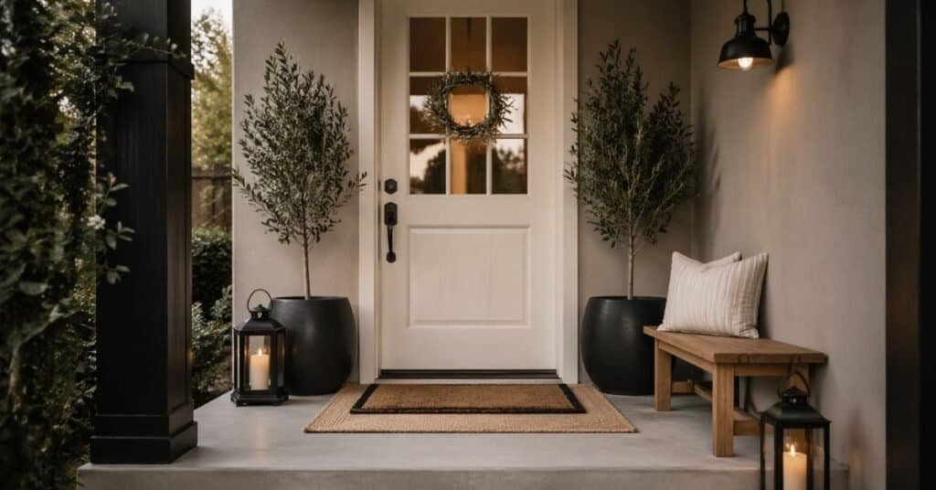 Small porch with warm lantern lighting, two planters, a layered doormat, and a simple bench in a calm neutral style.