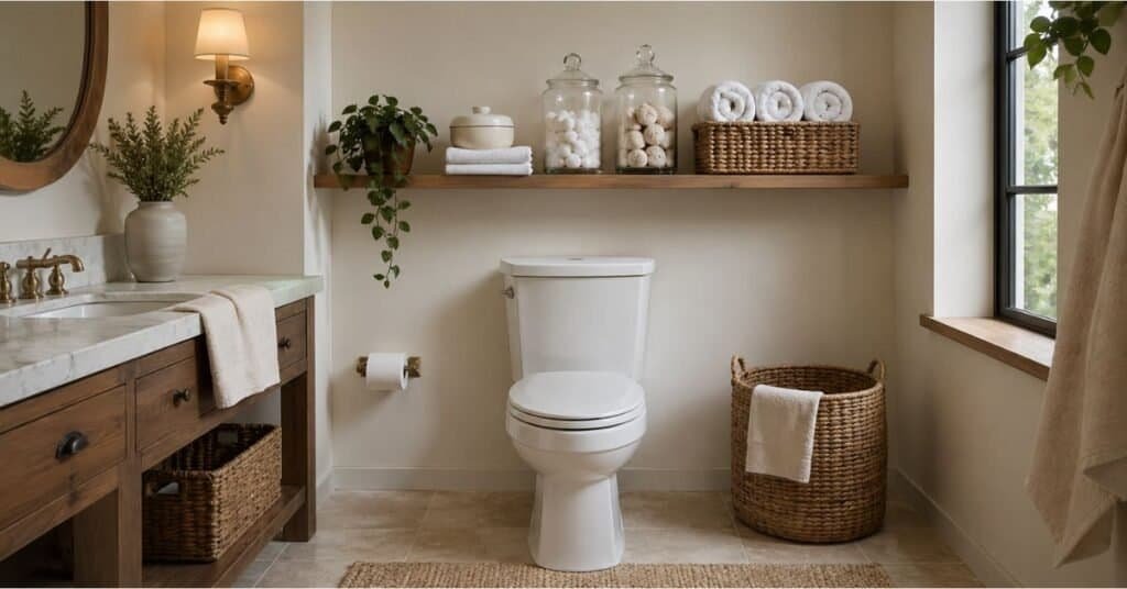 Small spa bathroom storage with woven baskets, rolled towels, glass jars, and trailing greenery.