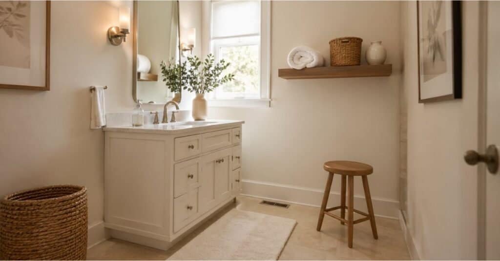 Small spa bathroom with soft towels, woven basket, wall shelf, greenery, and calm neutral colors.