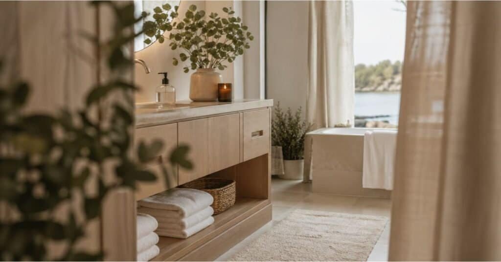 Spa bathroom with faux eucalyptus, soft bath mat, candle, white towels, and warm lighting.